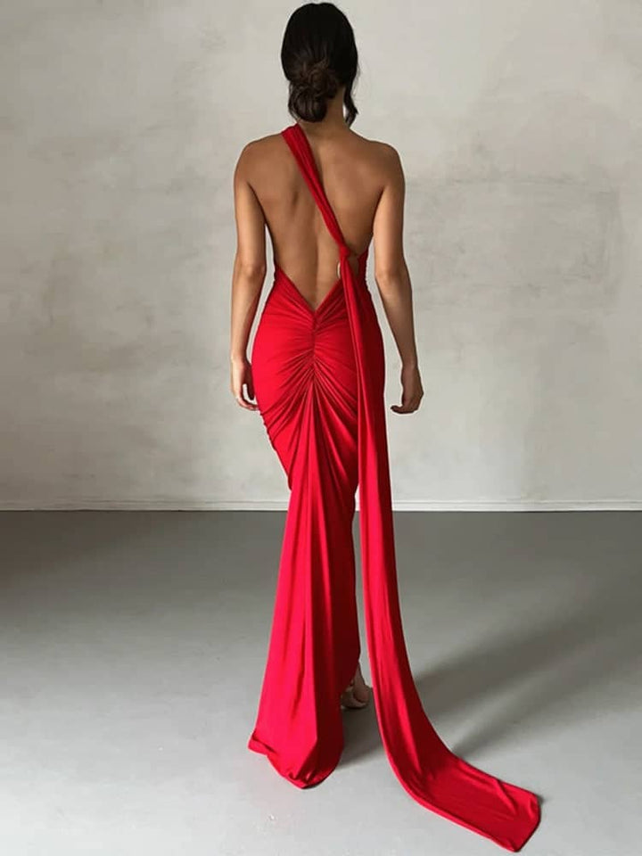 CALORA_ Schouder Maxi Jurk Met Open Rug Voor Elegante Gelegenheden