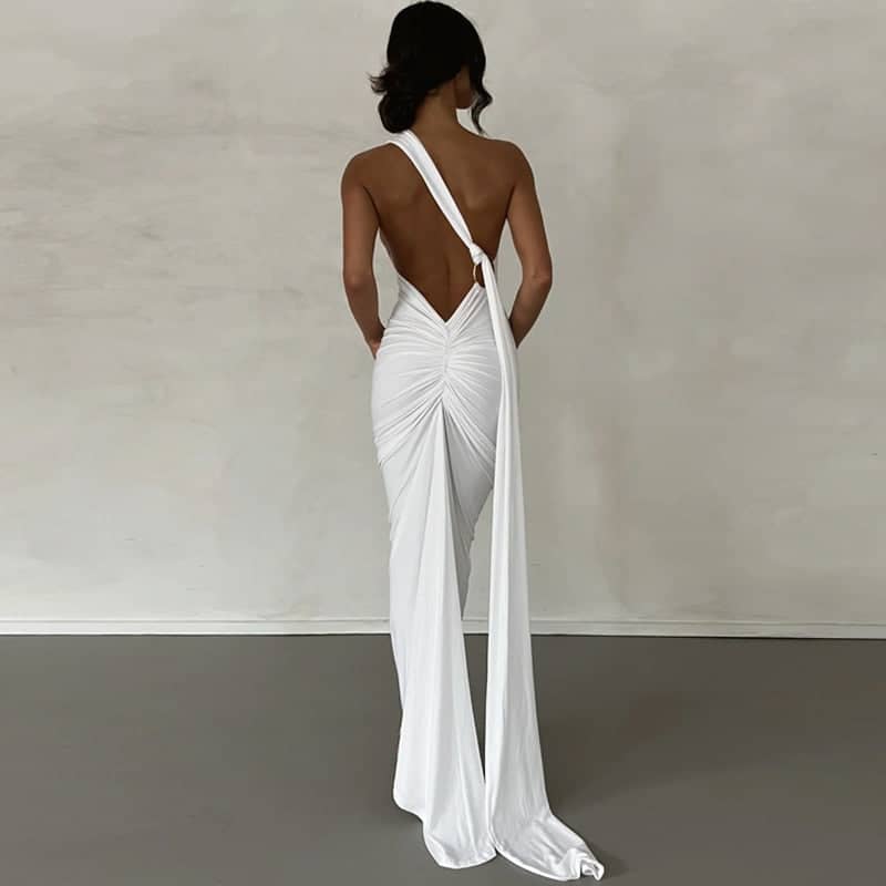 CALORA_ Schouder Maxi Jurk Met Open Rug Voor Elegante Gelegenheden