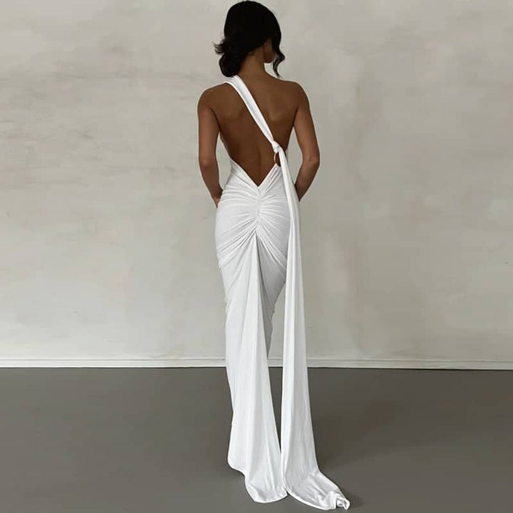 CALORA_ Schouder Maxi Jurk Met Open Rug Voor Elegante Gelegenheden