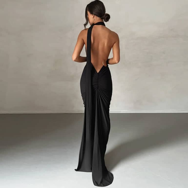 CALORA_ Schouder Maxi Jurk Met Open Rug Voor Elegante Gelegenheden