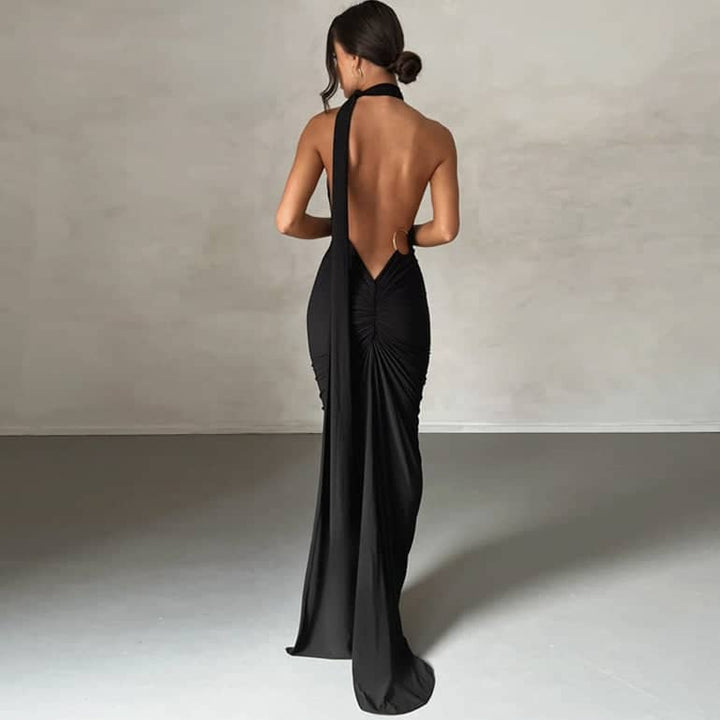 CALORA_ Schouder Maxi Jurk Met Open Rug Voor Elegante Gelegenheden