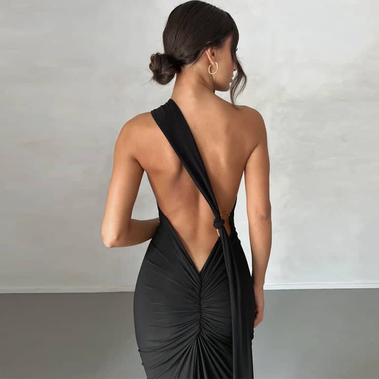 CALORA_ Schouder Maxi Jurk Met Open Rug Voor Elegante Gelegenheden