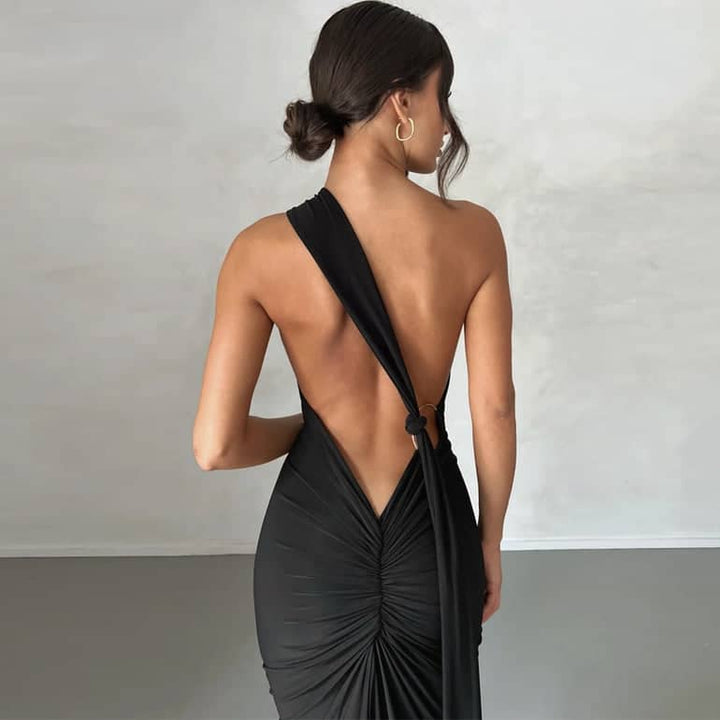 CALORA_ Schouder Maxi Jurk Met Open Rug Voor Elegante Gelegenheden