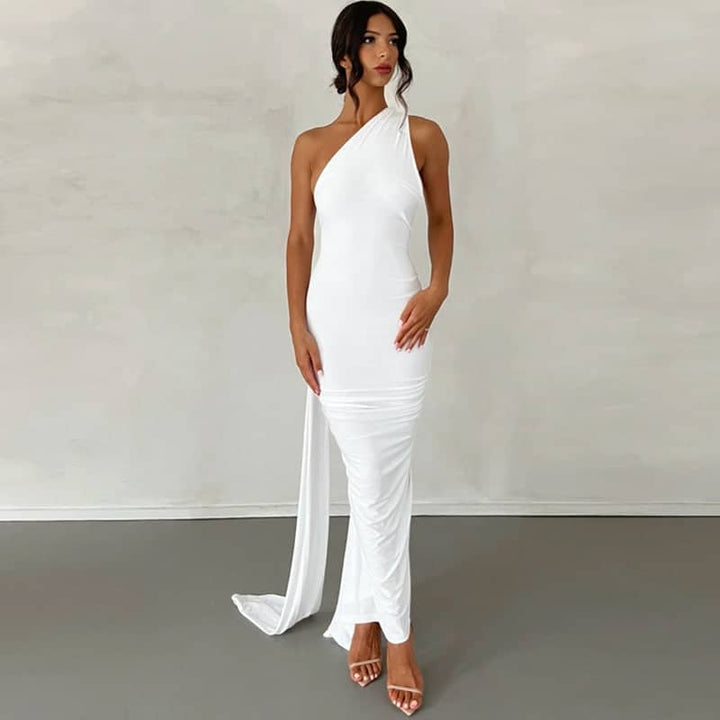 CALORA_ Schouder Maxi Jurk Met Open Rug Voor Elegante Gelegenheden