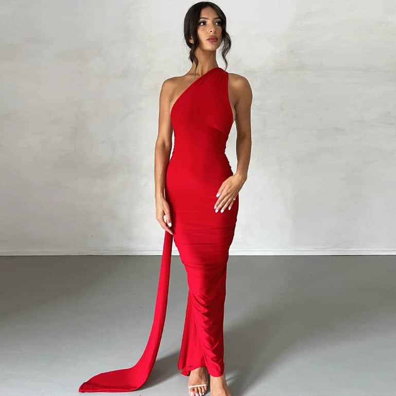 CALORA_ Schouder Maxi Jurk Met Open Rug Voor Elegante Gelegenheden