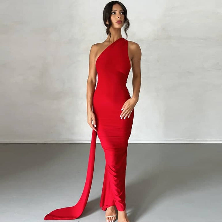 CALORA_ Schouder Maxi Jurk Met Open Rug Voor Elegante Gelegenheden