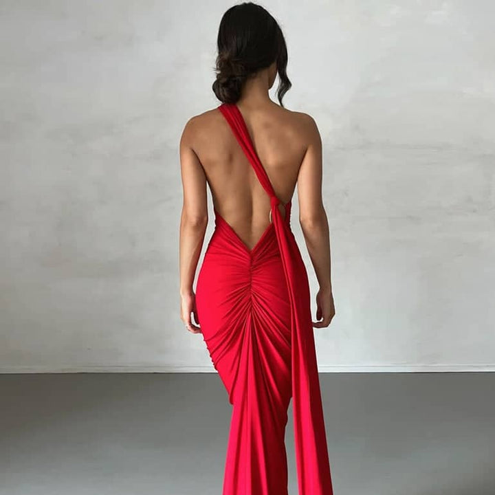 CALORA_ Schouder Maxi Jurk Met Open Rug Voor Elegante Gelegenheden