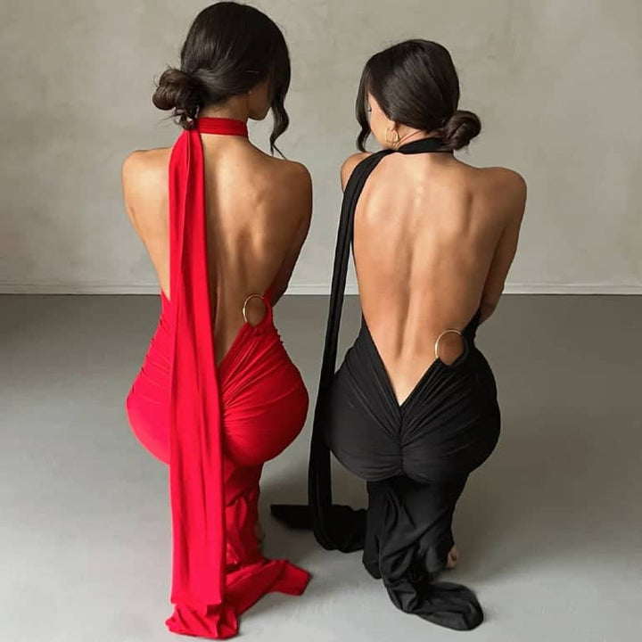 CALORA_ Schouder Maxi Jurk Met Open Rug Voor Elegante Gelegenheden