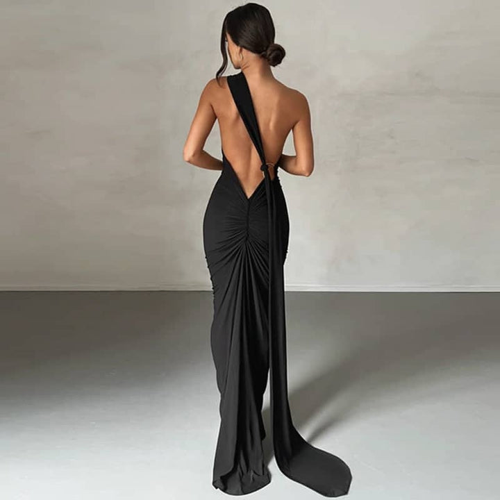 CALORA_ Schouder Maxi Jurk Met Open Rug Voor Elegante Gelegenheden