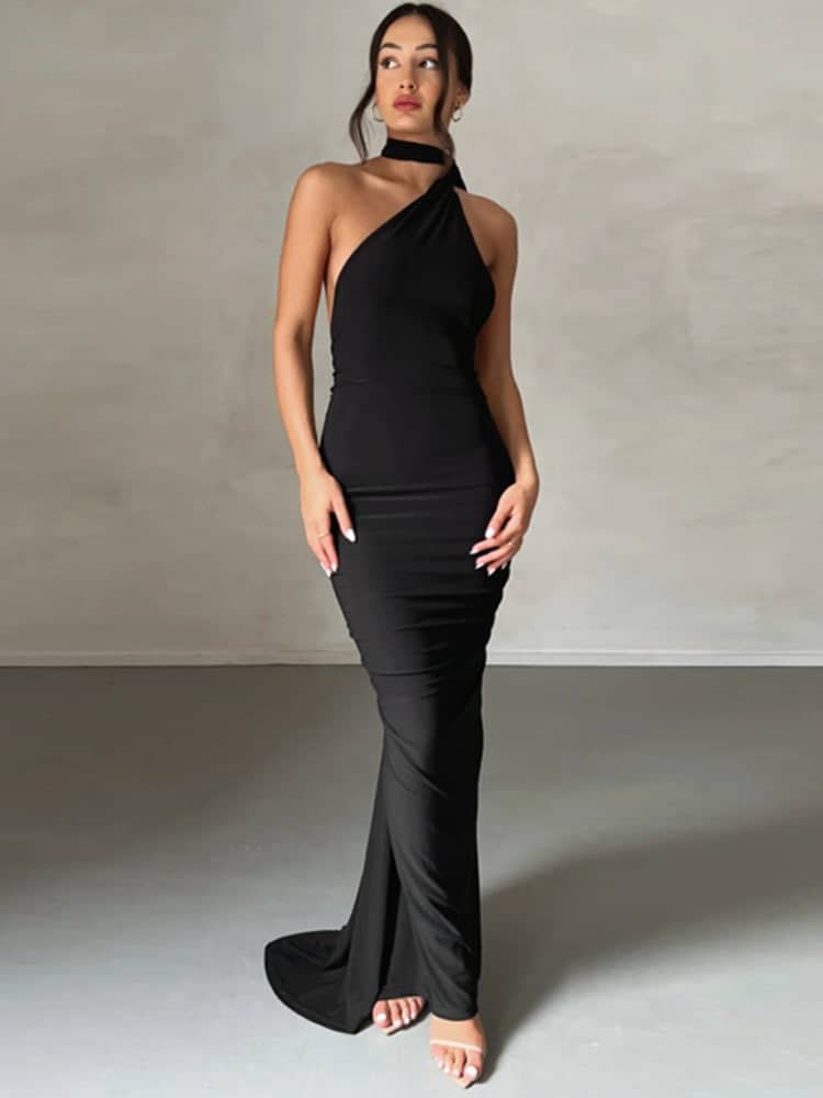 CALORA_ Schouder Maxi Jurk Met Open Rug Voor Elegante Gelegenheden