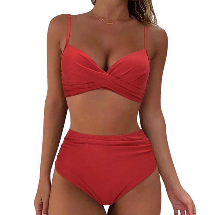 Serenara | Effen Bikini Met Hoge Taille-Zwemkleding-Calora-Rood-S-Calora