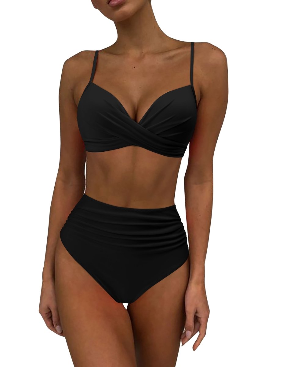 Serenara | Effen Bikini Met Hoge Taille-Zwemkleding-Calora-Zwart Roze-S-Calora