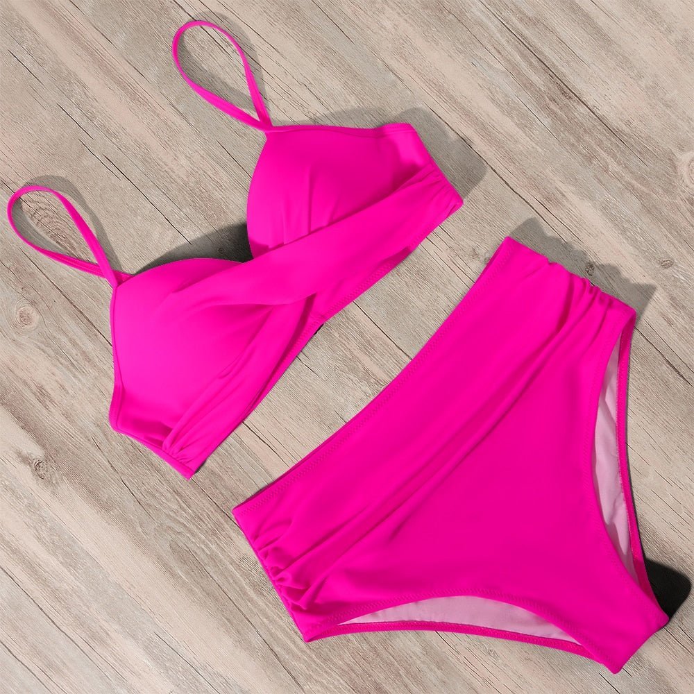 Serenara | Effen Bikini Met Hoge Taille-Zwemkleding-Calora-Zwart Roze-S-Calora