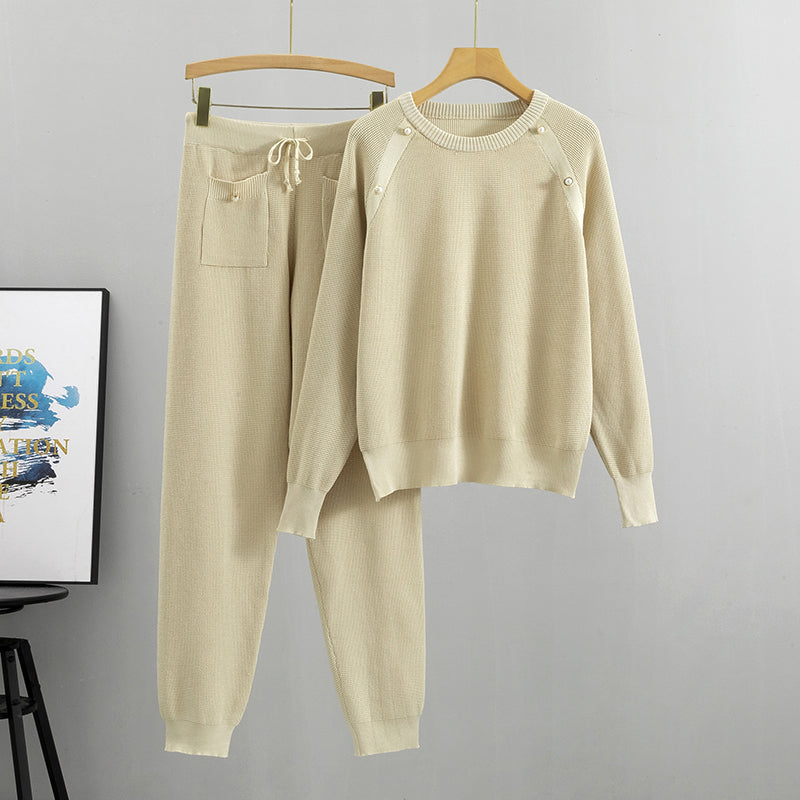 Set van gebreide trui en broek met kralen voor dames in de lente en herfst-Sets & Pakken-Calora-Beige-Eén maat-Calora