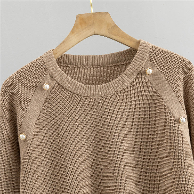 Set van gebreide trui en broek met kralen voor dames in de lente en herfst-Sets & Pakken-Calora-Bruin-Eén maat-Calora