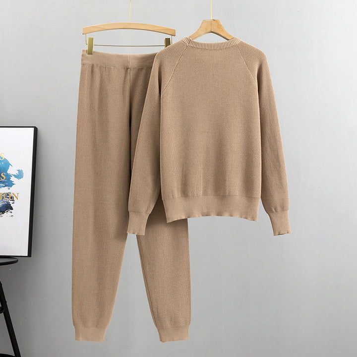 Set van gebreide trui en broek met kralen voor dames in de lente en herfst-Sets & Pakken-Calora-Bruin-Eén maat-Calora