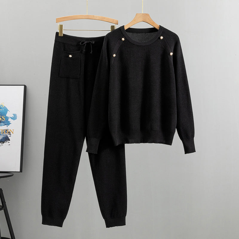 Set van gebreide trui en broek met kralen voor dames in de lente en herfst-Sets & Pakken-Calora-Bruin-Eén maat-Calora