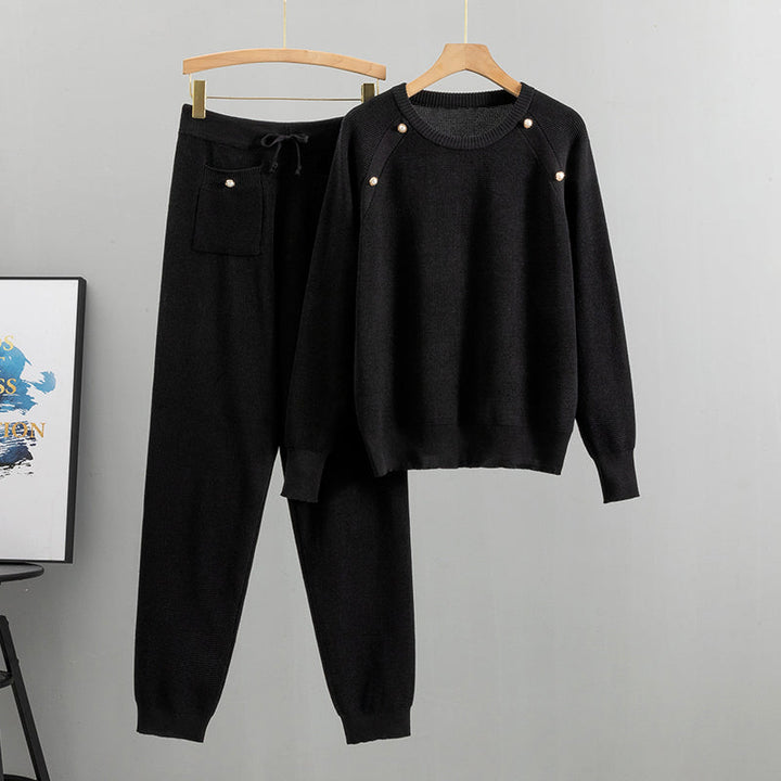 Set van gebreide trui en broek met kralen voor dames in de lente en herfst-Sets & Pakken-Calora-Bruin-Eén maat-Calora