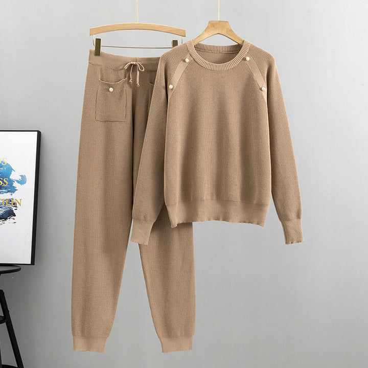 Set van gebreide trui en broek met kralen voor dames in de lente en herfst-Sets & Pakken-Calora-Bruin-Eén maat-Calora