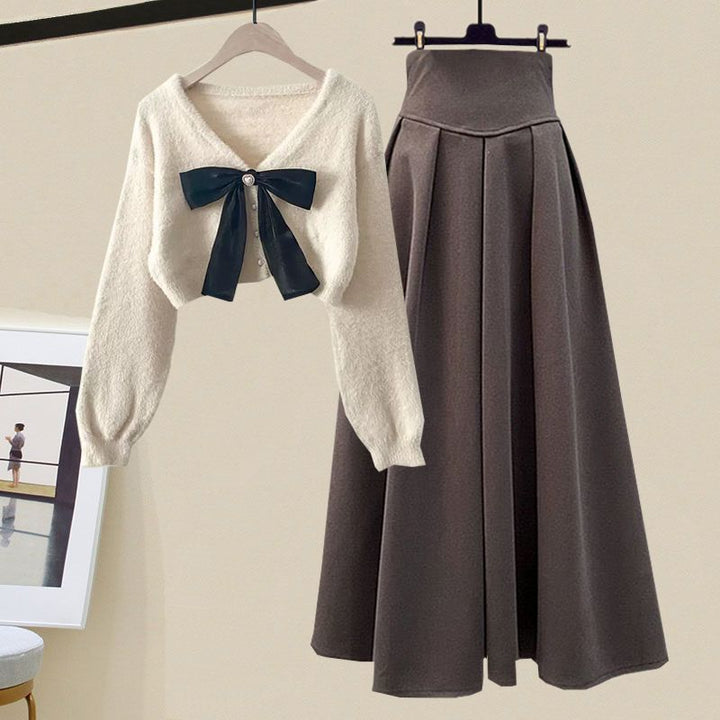 Set van gebreide trui en rok voor dames in een slim fit - tweedelige outfit-Sets & Pakken-Calora-Khaki-S-Calora
