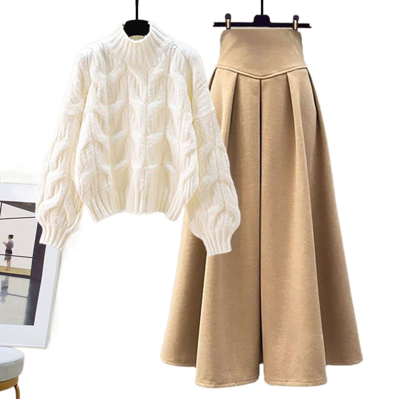 Set van gebreide trui en rok voor dames in een slim fit - tweedelige outfit-Sets & Pakken-Calora-Khaki-S-Calora