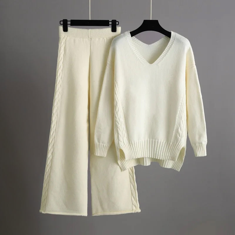 Set van gebreide trui met V-hals en wijde broek voor dames-Sets & Pakken-Calora-Paars-Eén maat-Calora