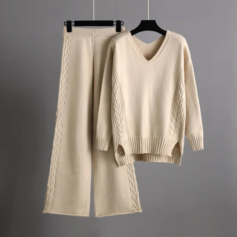 Set van gebreide trui met V-hals en wijde broek voor dames-Sets & Pakken-Calora-Paars-Eén maat-Calora