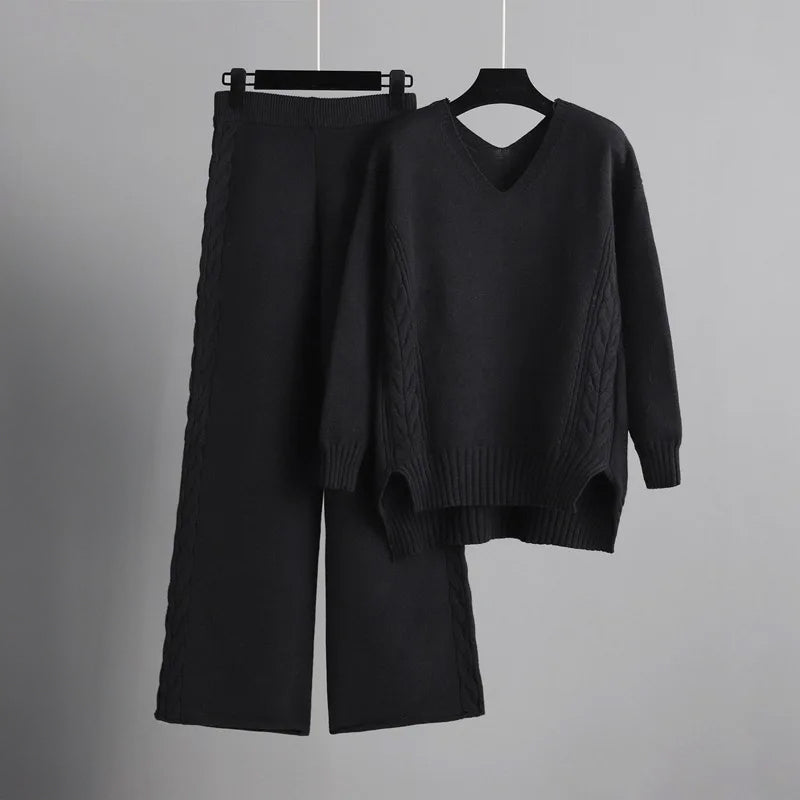 Set van gebreide trui met V-hals en wijde broek voor dames-Sets & Pakken-Calora-Paars-Eén maat-Calora