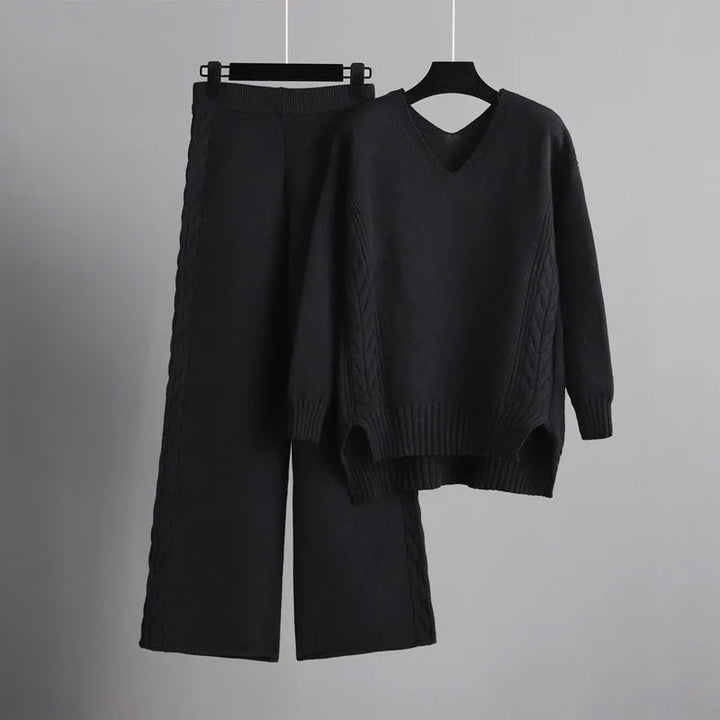 Set van gebreide trui met V-hals en wijde broek voor dames-Sets & Pakken-Calora-Paars-Eén maat-Calora