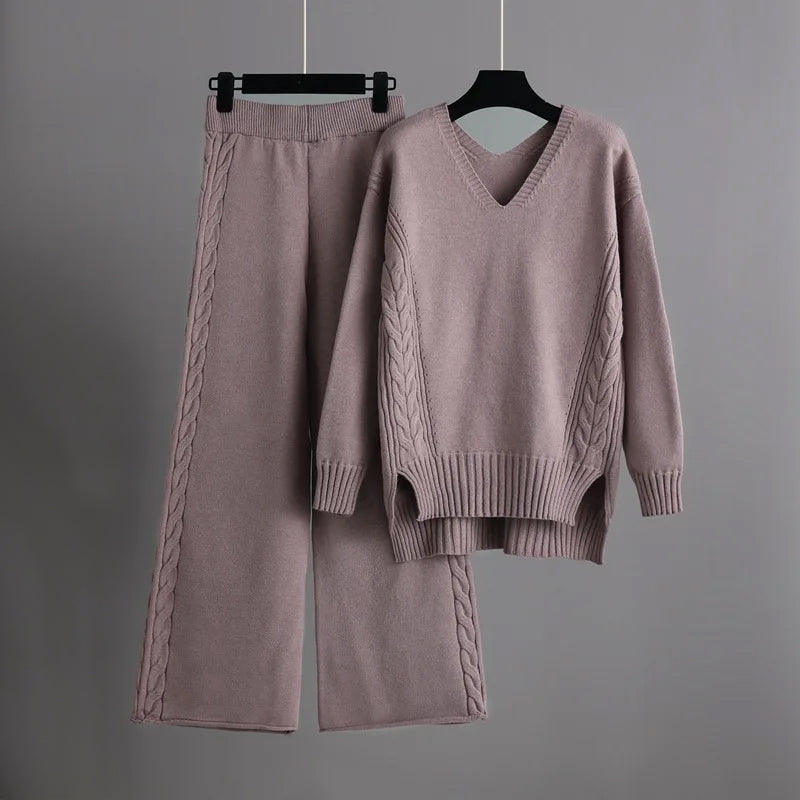 Set van gebreide trui met V-hals en wijde broek voor dames-Sets & Pakken-Calora-Paars-Eén maat-Calora