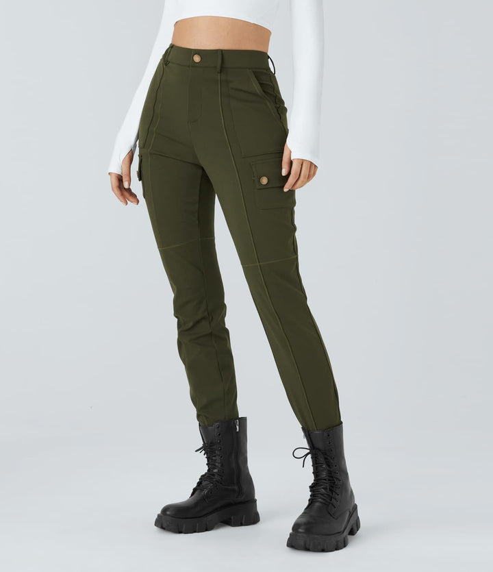 Skinny Cargobroek met Zakken-Wijde Broeken-Calora-Groen-S-Calora