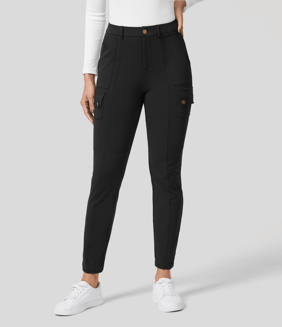 Skinny Cargobroek met Zakken-Wijde Broeken-Calora-Zwart-S-Calora