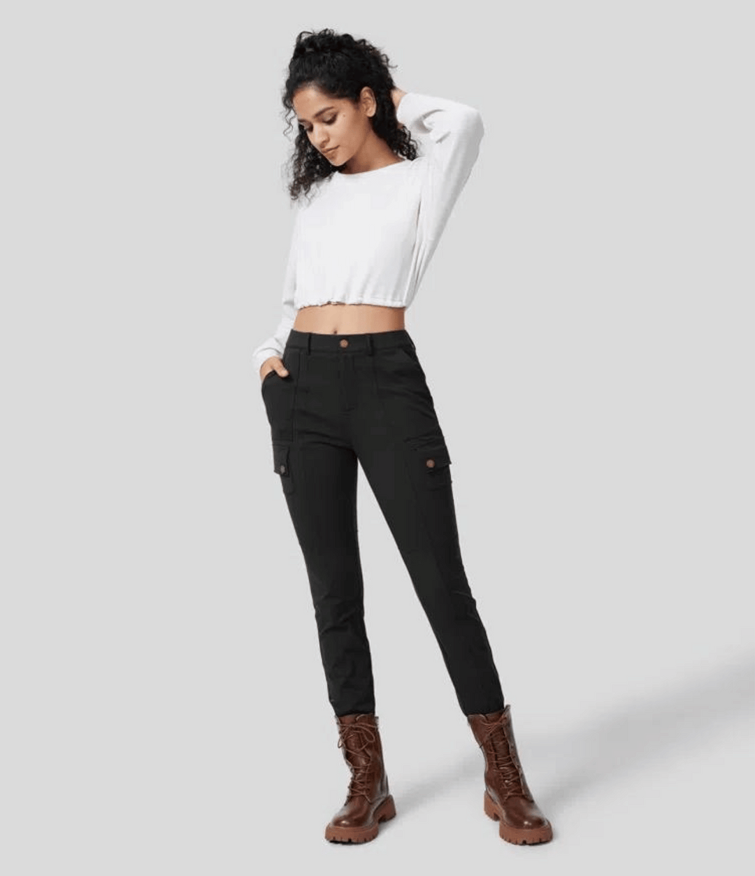 Skinny Cargobroek met Zakken-Wijde Broeken-Calora-Zwart-S-Calora