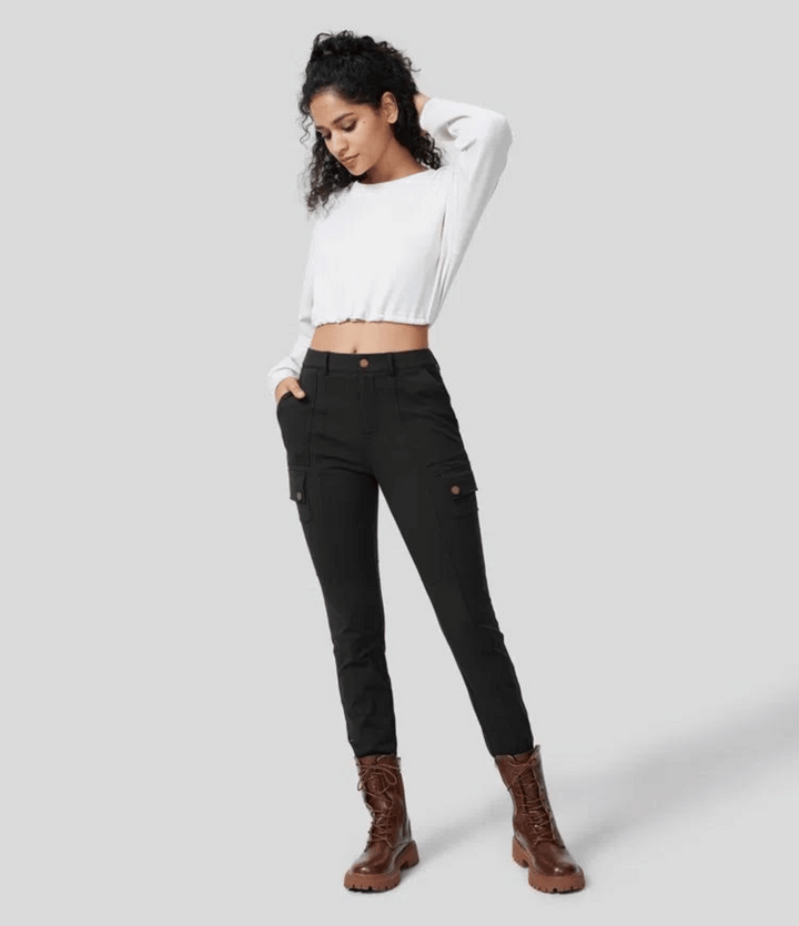 Skinny Cargobroek met Zakken-Wijde Broeken-Calora-Zwart-S-Calora