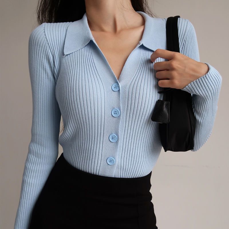 Slim fit V-hals revers vest trui-Blazers & Vesten-Calora-Blauw-S-Calora