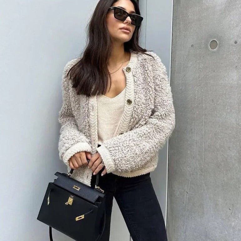 Sofia | Zacht Teddy Cardigan Vest-Blazers & Vesten-Calora-Khaki-S-Calora