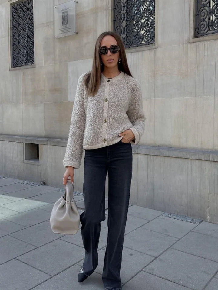 Sofia | Zacht Teddy Cardigan Vest-Blazers & Vesten-Calora-Khaki-S-Calora