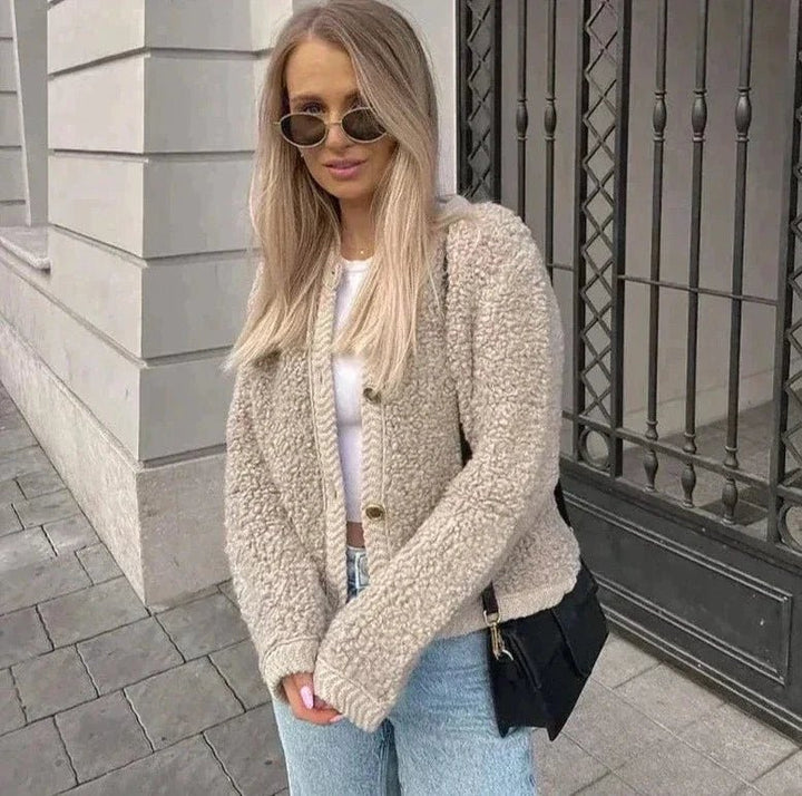 Sofia | Zacht Teddy Cardigan Vest-Blazers & Vesten-Calora-Khaki-S-Calora