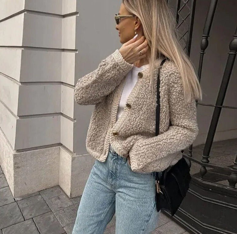 Sofia | Zacht Teddy Cardigan Vest-Blazers & Vesten-Calora-Khaki-S-Calora