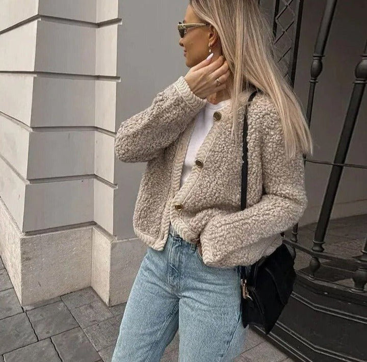 Sofia | Zacht Teddy Cardigan Vest-Blazers & Vesten-Calora-Khaki-S-Calora