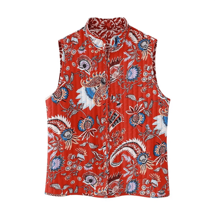 Solara | Vrolijk Bloemen Mouwloos Vest-Blazers & Vesten-Calora-Rood Patroon-S-Calora