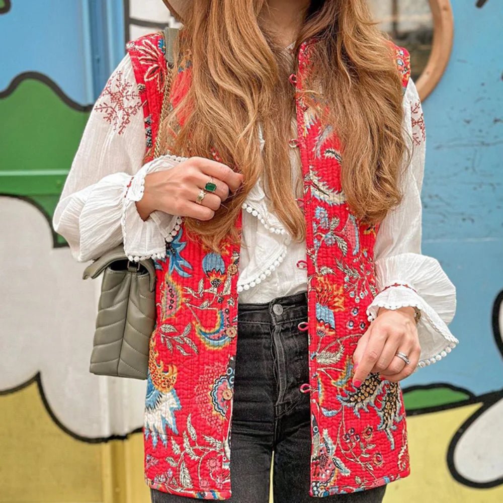 Solara | Vrolijk Bloemen Mouwloos Vest-Blazers & Vesten-Calora-Roze Patroon-S-Calora