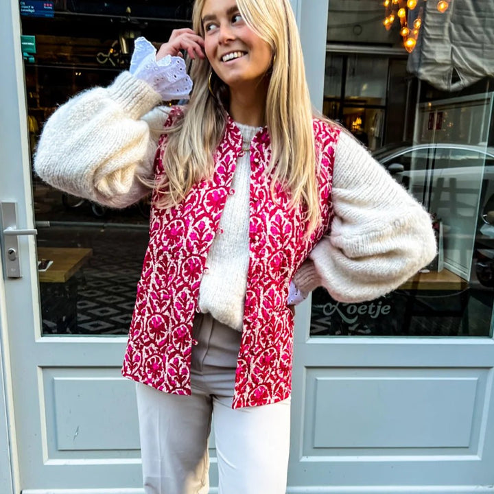Solara | Vrolijk Bloemen Mouwloos Vest-Blazers & Vesten-Calora-Roze Patroon-S-Calora