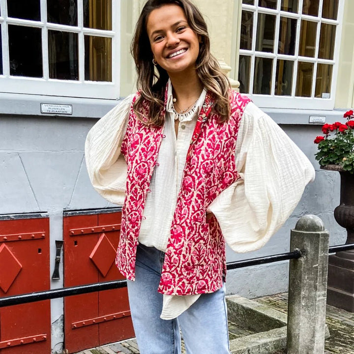 Solara | Vrolijk Bloemen Mouwloos Vest-Blazers & Vesten-Calora-Roze Patroon-S-Calora