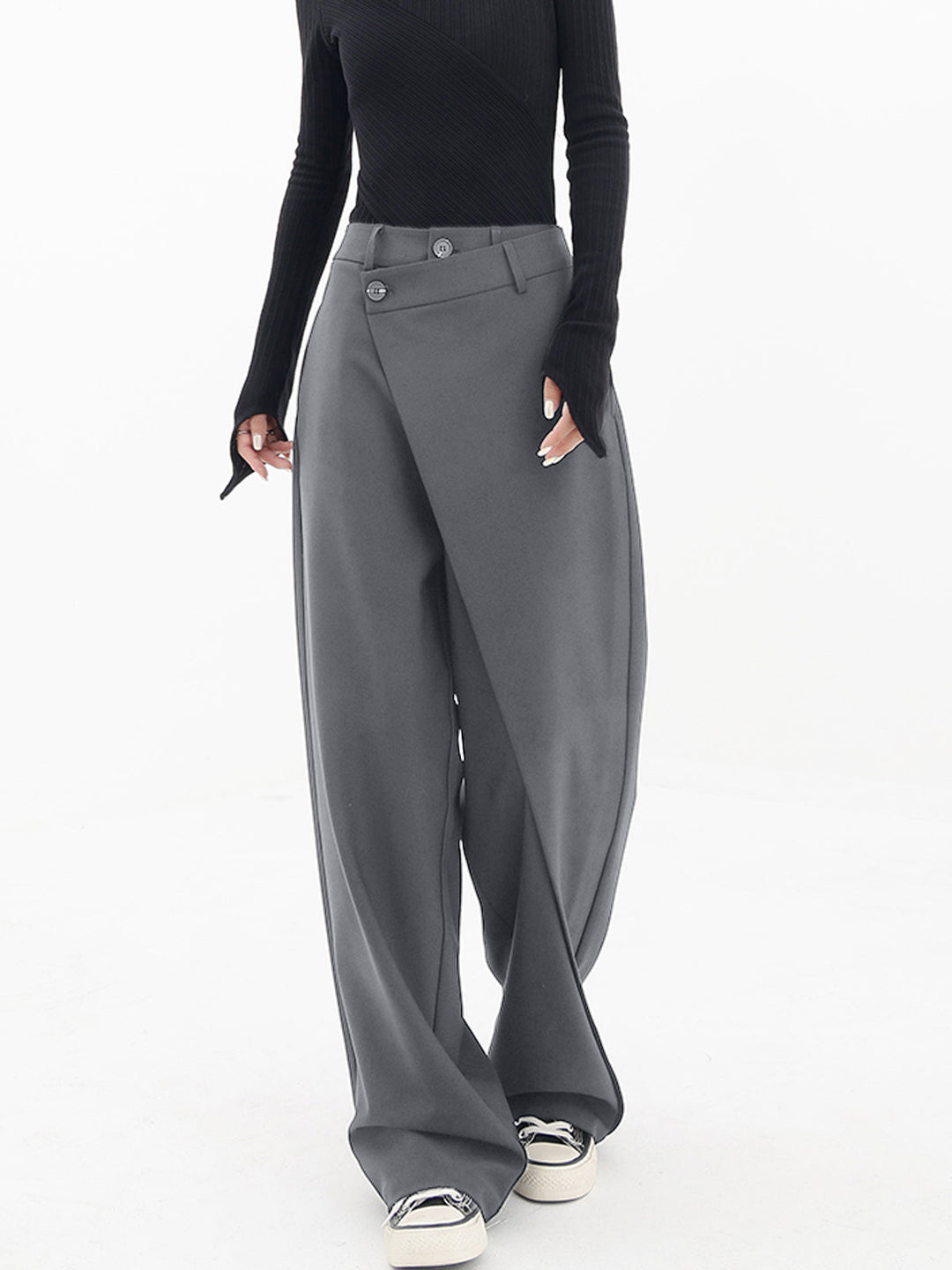 Sorelle | Asymmetrische gelaagde knoop wijde pijpen Pantalon-Wijde Broeken-Calora-Grijs-S-Calora