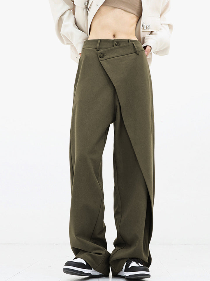 Sorelle | Asymmetrische gelaagde knoop wijde pijpen Pantalon-Wijde Broeken-Calora-Legergroen-S-Calora