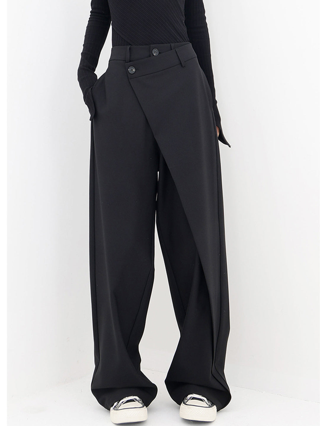 Sorelle | Asymmetrische gelaagde knoop wijde pijpen Pantalon-Wijde Broeken-Calora-Zwart-S-Calora