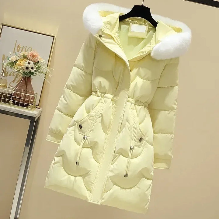 Sorina | Winterjas voor dames in midi-lengte met capuchon-Zomer Jassen-Calora-Geel-S-Calora