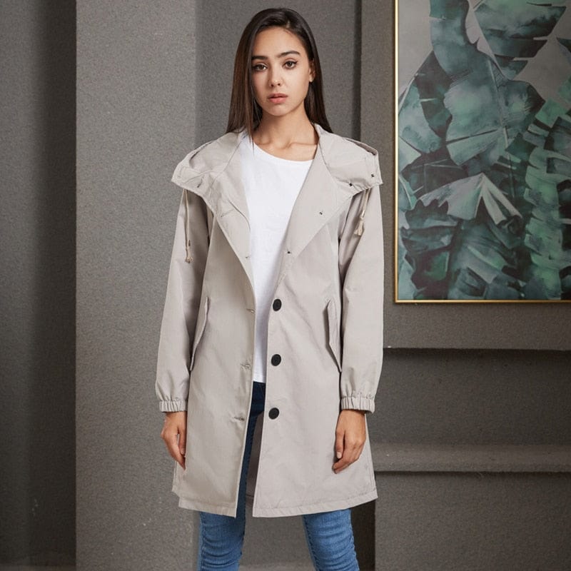 Stella | Waterdichte Lange Trenchcoat met Capuchon-Zomer Jassen-Calora-Zwart-S-Calora