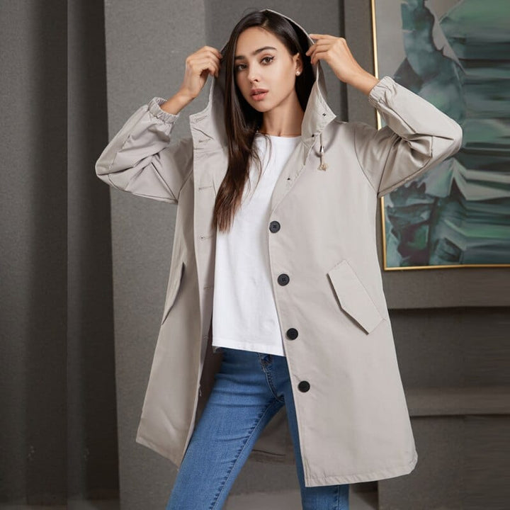 Stella | Waterdichte Lange Trenchcoat met Capuchon-Zomer Jassen-Calora-Zwart-S-Calora